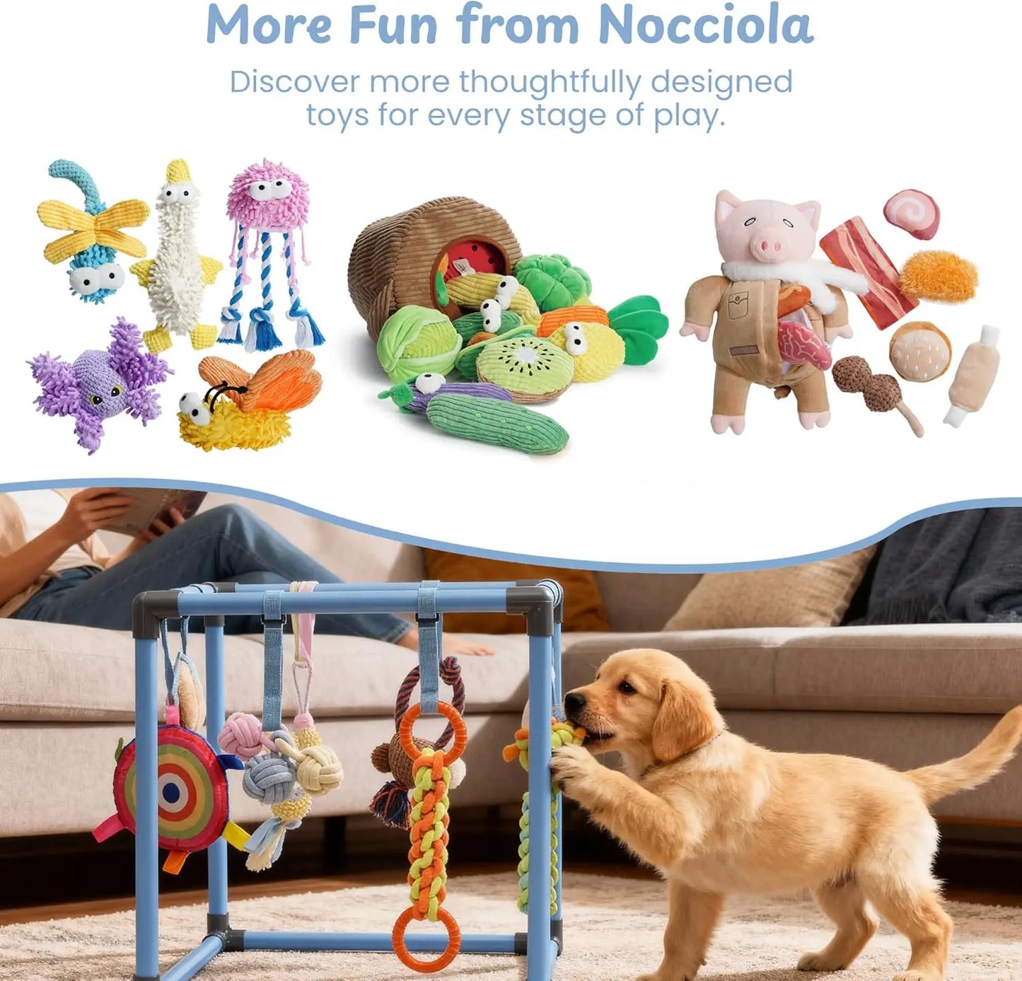 Nocciola Interactive Play Gym for Dogs - Enrichment Activity Frame with 8 Hanging Squeaky Ropes and Teething Toys, Ideal for Puppies and Small Dogs