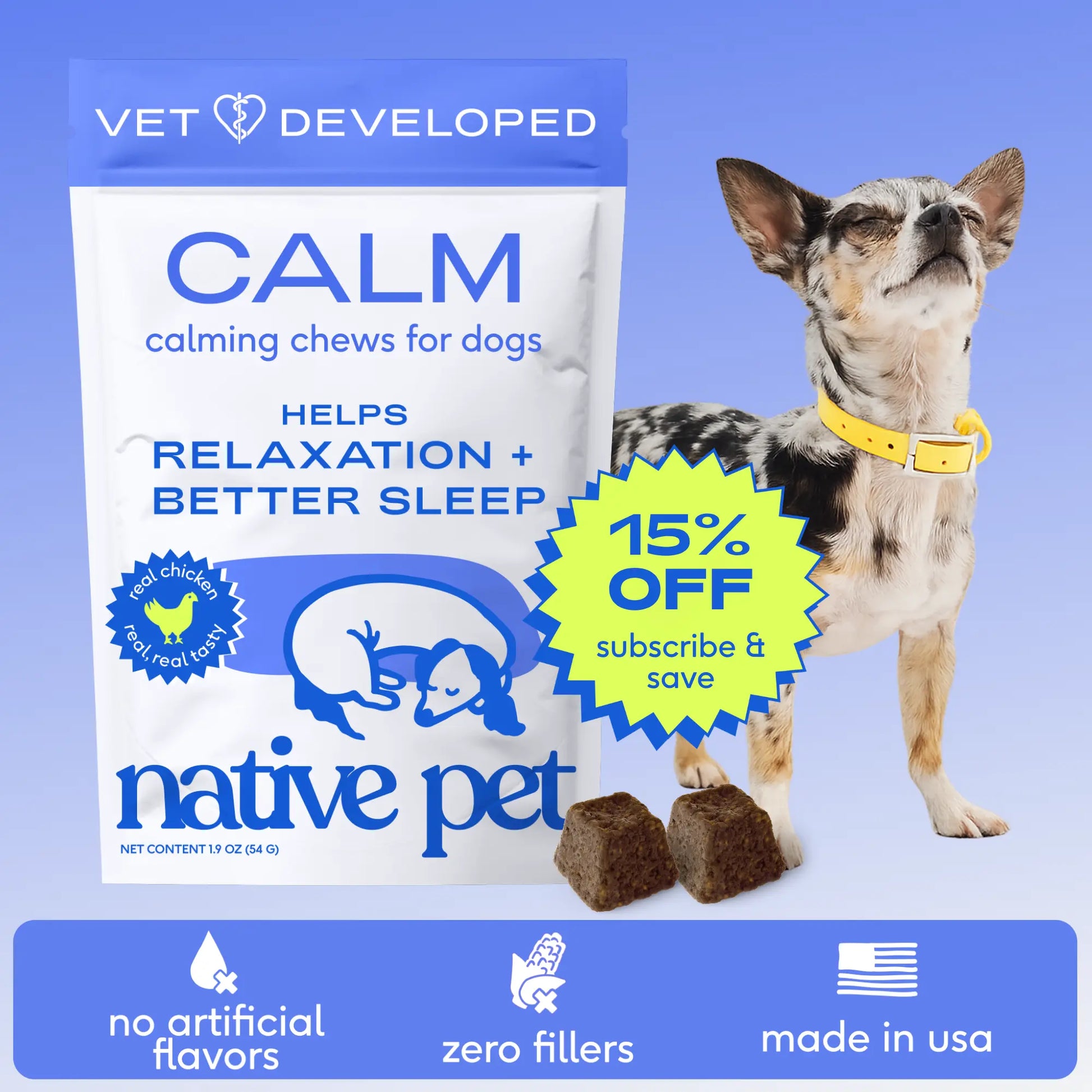 Native Pet Calming Chews for Dogs - All-Natural Grain-Free Treats with Melatonin and L-Theanine for Anxiety Relief and Stress Management