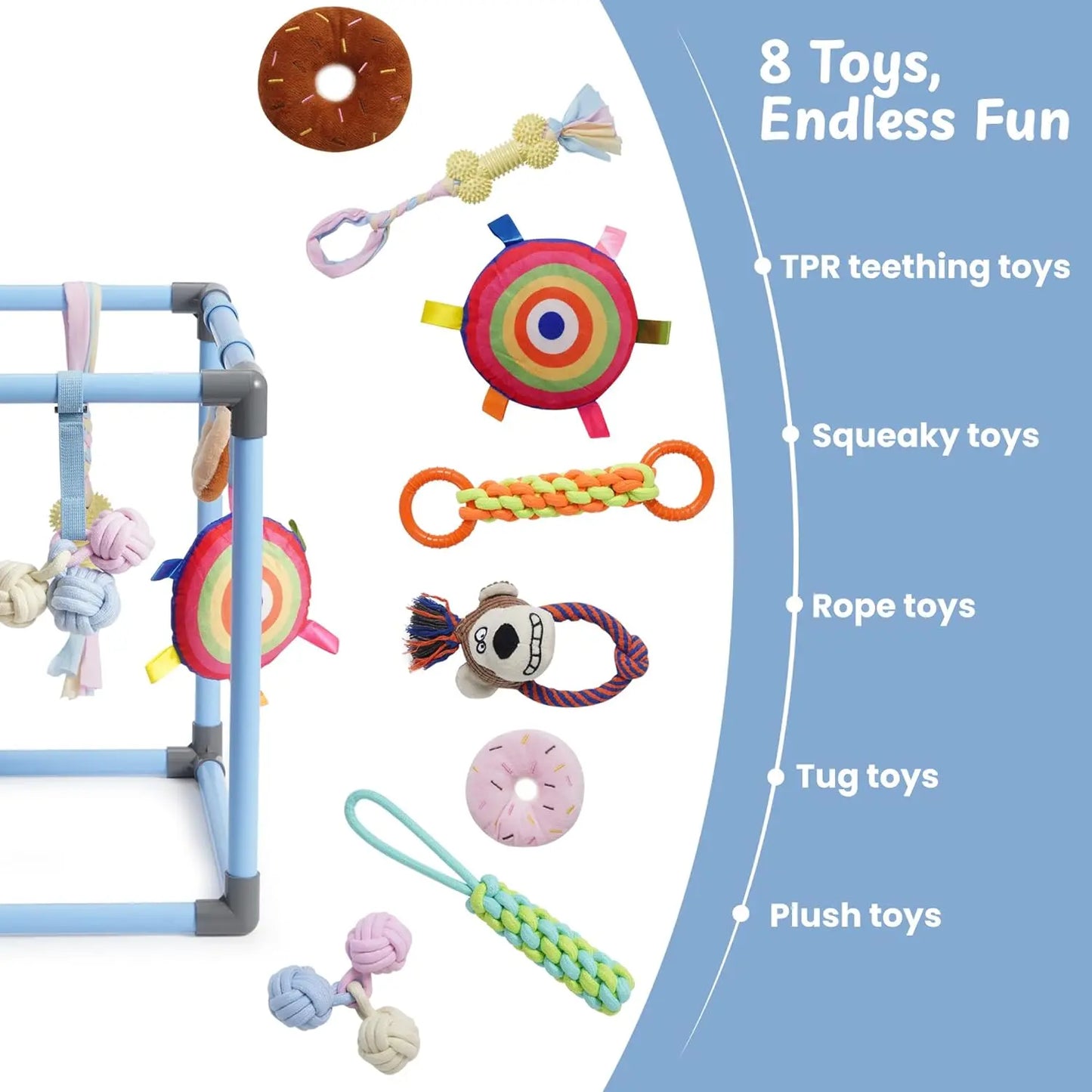 Nocciola Interactive Play Gym for Dogs - Enrichment Activity Frame with 8 Hanging Squeaky Ropes and Teething Toys, Ideal for Puppies and Small Dogs