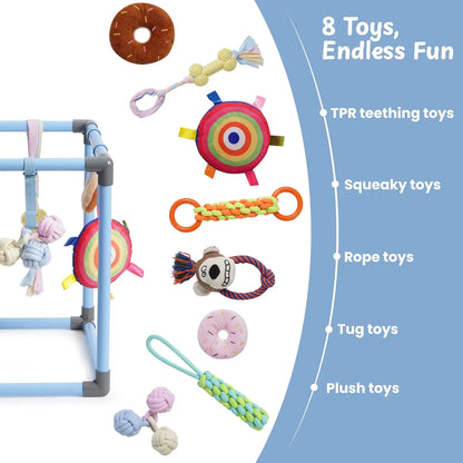 Nocciola Interactive Play Gym for Dogs - Enrichment Activity Frame with 8 Hanging Squeaky Ropes and Teething Toys, Ideal for Puppies and Small Dogs